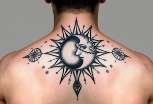 celestial sun and moon embrace with constellation patterns tattoo idea