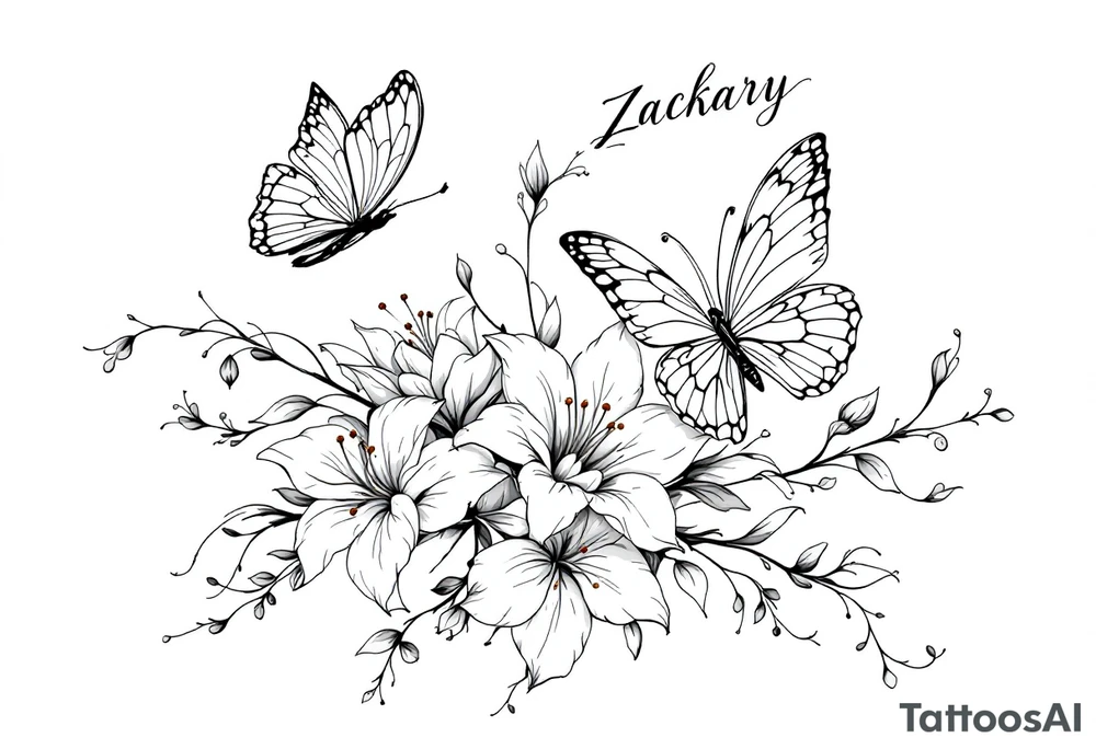 A delicate and highly detailed tattoo design featuring elegant flowers and two butterflies, symbolizing family, love, and the bond between a mother and her children. The flowers, such as lilies or peonies, represent protection, beauty, and unconditional love. Two butterflies gracefully flying around the flowers symbolize the children, Zackary and Charlie, representing their growth and freedom. Their names should be subtly integrated into the design, either along the stems of the flowers, within the butterfly wings, or in an elegant script flowing naturally with the composition. tattoo idea