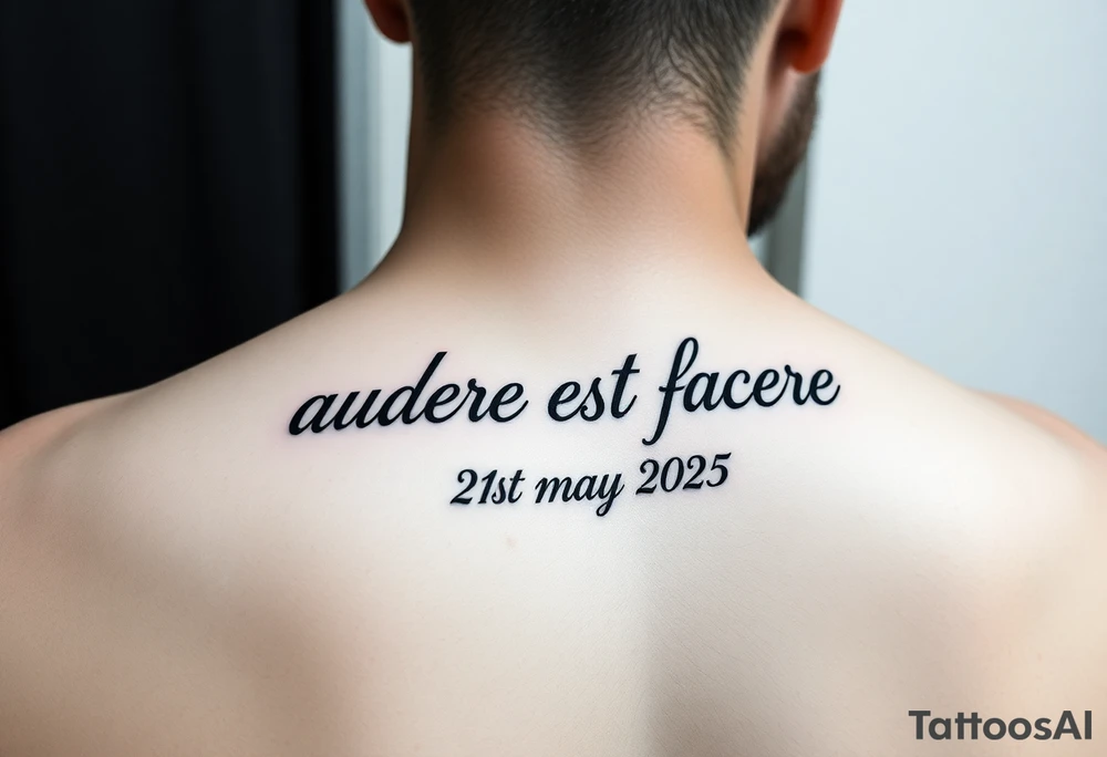 Do a tattoo on a guys forearm with the text ”audere est facere” and ” 21 st may 2025 ” under the text and make it in a curved line tattoo idea