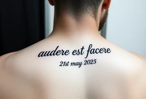 Do a tattoo on a guys forearm with the text ”audere est facere” and ” 21 st may 2025 ” under the text and make it in a curved line tattoo idea