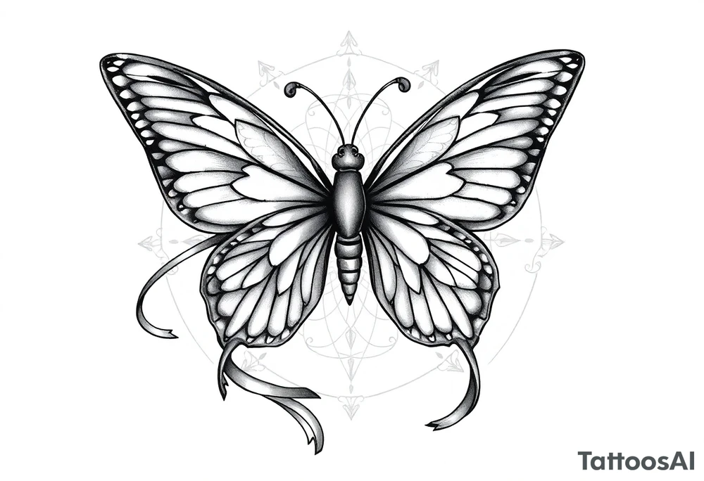 ethereal butterfly with flowing silk ribbons in geometric mandala tattoo idea