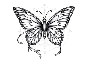 ethereal butterfly with flowing silk ribbons in geometric mandala tattoo idea