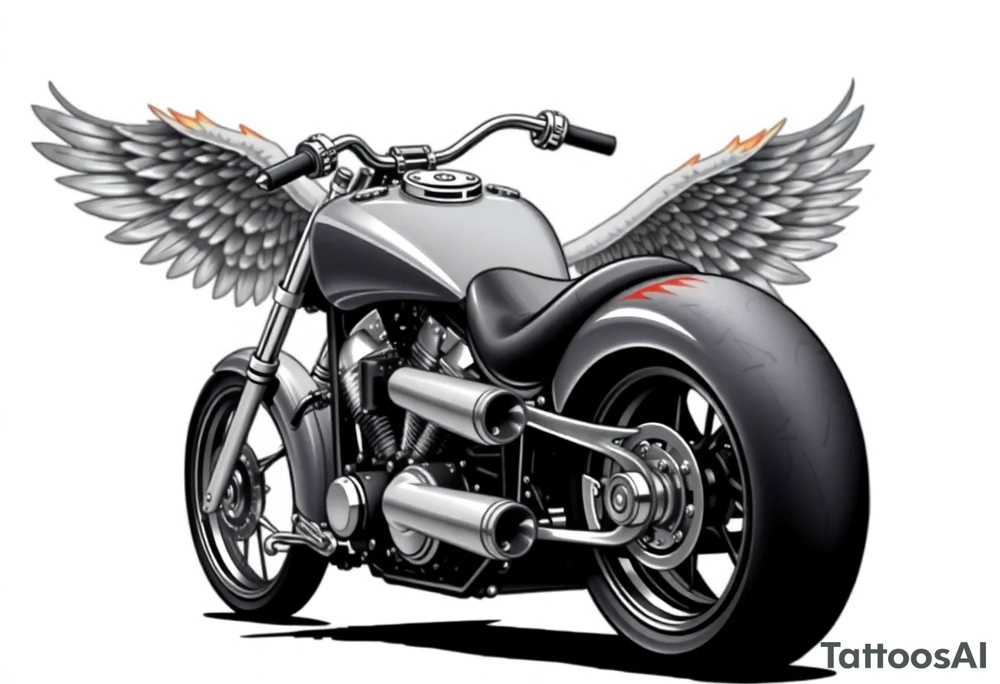 Low rider grey motorcycle, big muffler pipes with flames, angel wings, driving away, no person tattoo idea