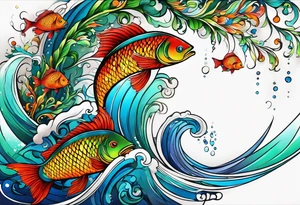 wide swirl of red, blue, orange, green with fish hooks tattoo idea