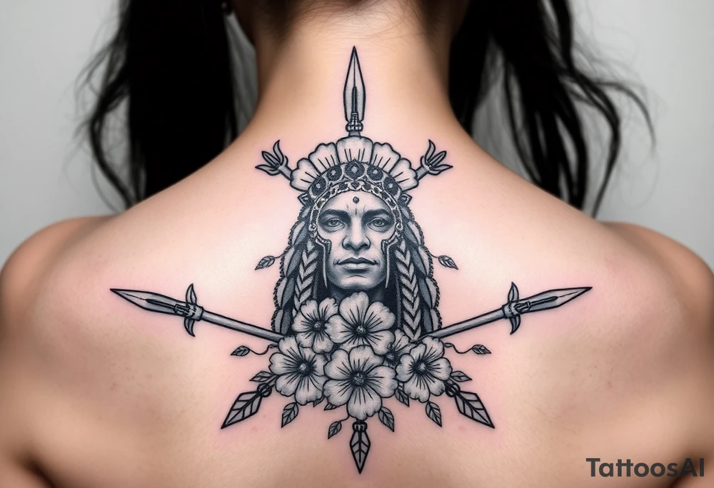 powerful shaman with flowers and spears from Nunavut and representing pain, anger love and healing for front of neck tattoo idea