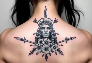 powerful shaman with flowers and spears from Nunavut and representing pain, anger love and healing for front of neck tattoo idea