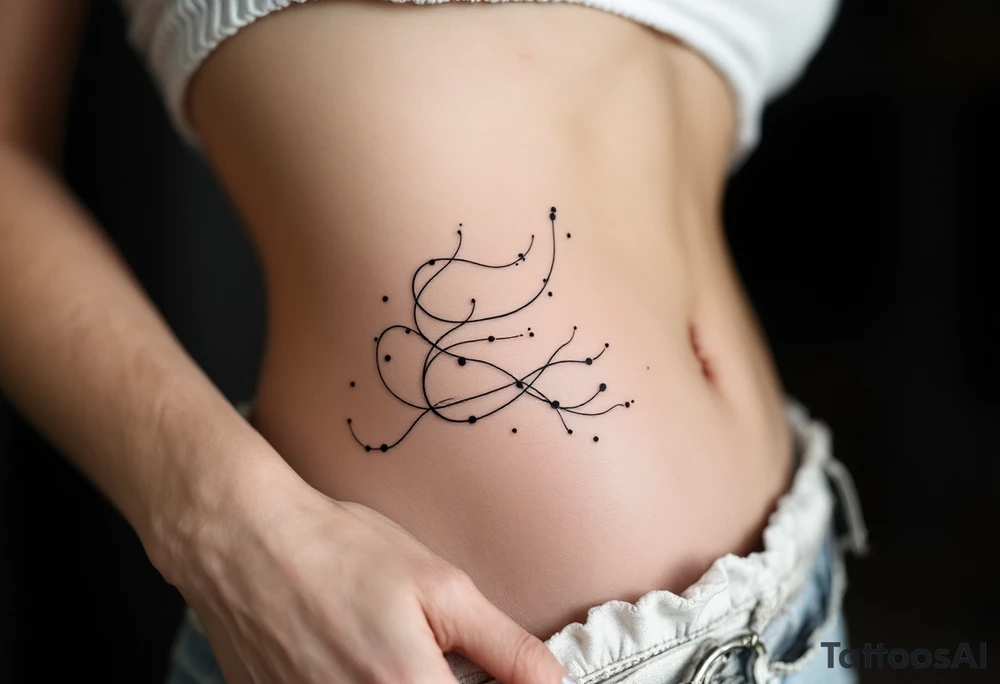 A delicate, large-scale fine line tattoo on the side torso of a woman with fair skin, extending from the ribs to the hip. The design features flowing, abstract organic lines resembling underwater seaweed or jellyfish tentacles, with soft curvature and elegant movement. The black ink lines are thin and airy, creating a sense of fluidity and lightness. The tattoo combines abstract botanical and marine influences, with a sensual, feminine, modern aesthetic. Photorealistic style, high detail, natural lighting, soft shadows. tattoo idea
