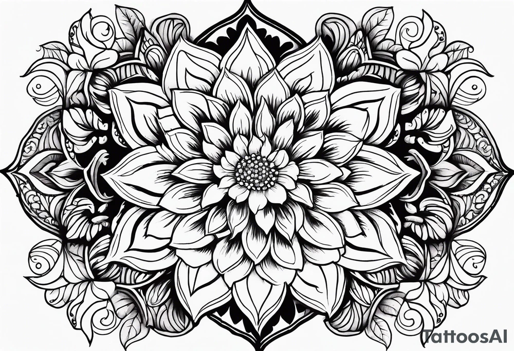 Flowers, colorful, horizontal, botanical with black and white mandala background tattoo idea