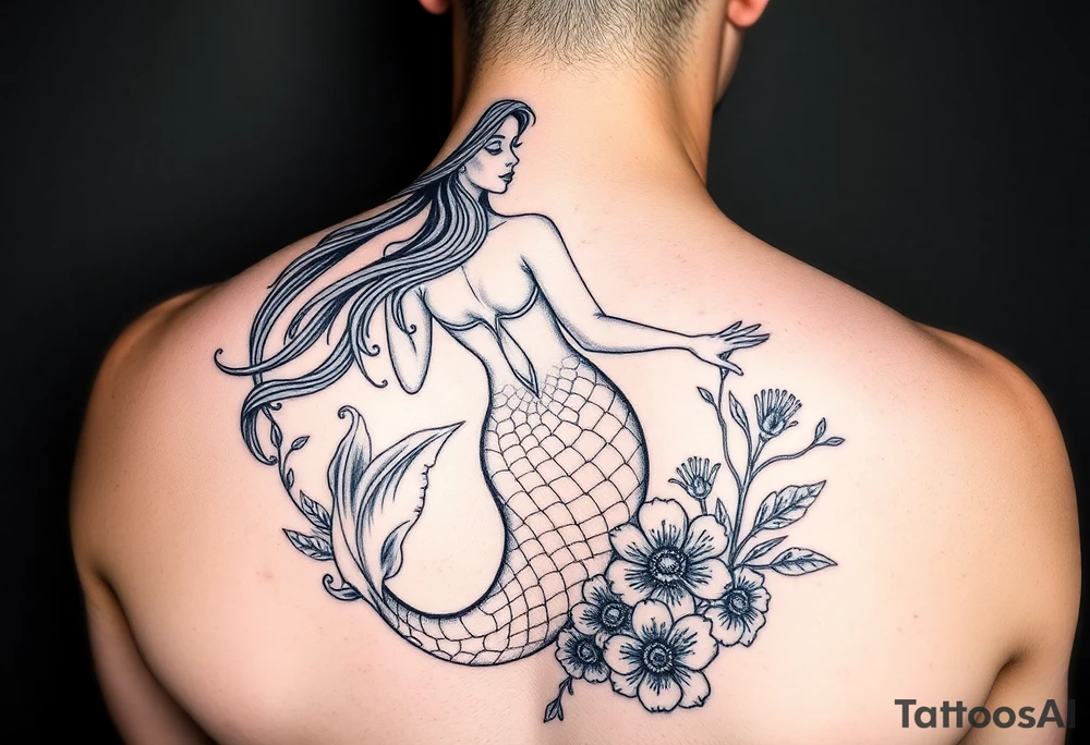 ethereal mermaid with flowing hair among coral and sea flowers tattoo idea