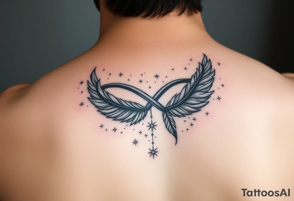 infinity symbol woven with floating feathers and stardust tattoo idea