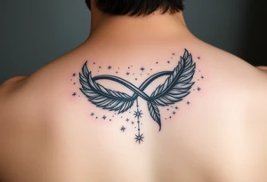 infinity symbol woven with floating feathers and stardust tattoo idea