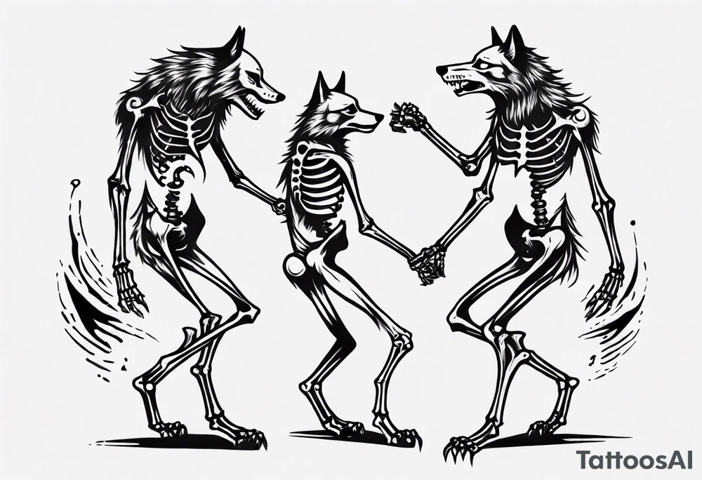 two wolf skeletons dancing tattoo idea