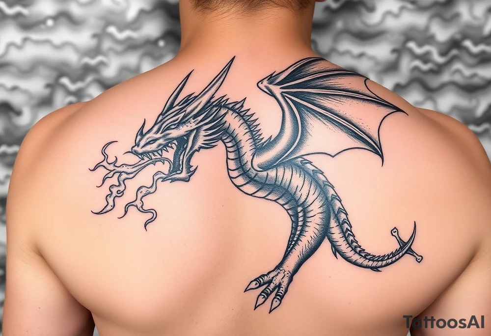 fierce dragon breathing iridescent fire against stormy skies tattoo idea