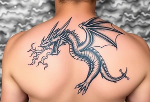 fierce dragon breathing iridescent fire against stormy skies tattoo idea