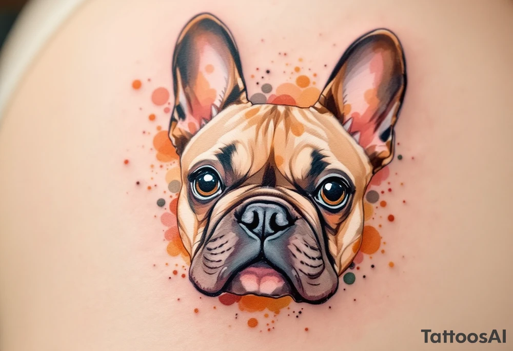 Portrait of a French Bulldog in watercolor style, using splashes of browns, oranges, and muted greens to frame the face. tattoo idea