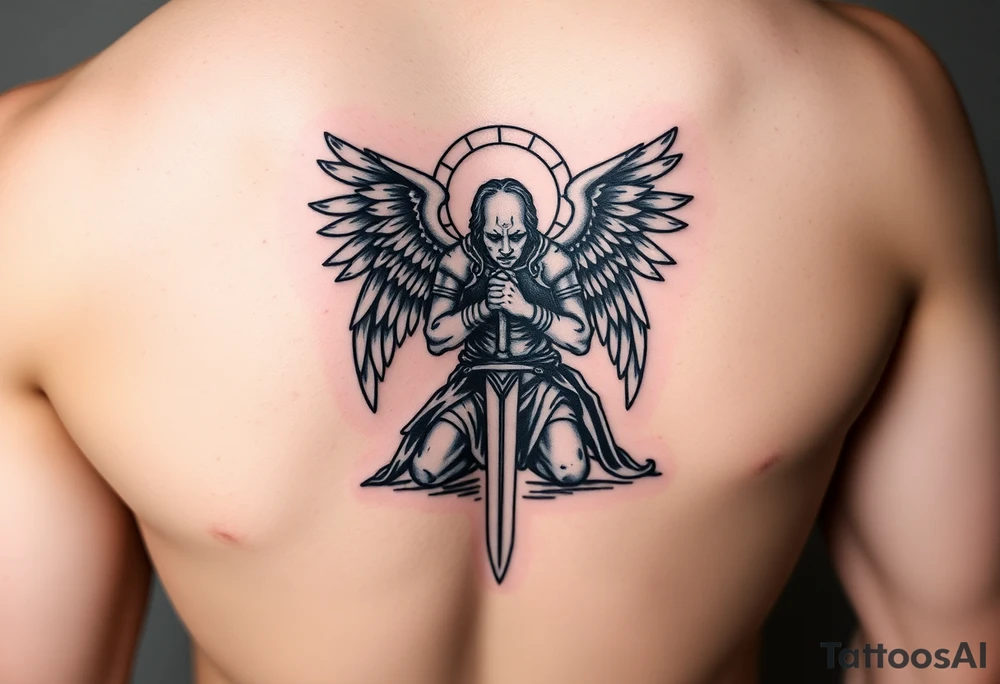 Arch angel Gabriel kneeling with sword in great armor masculine but looking very sad tattoo idea