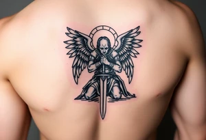 Arch angel Gabriel kneeling with sword in great armor masculine but looking very sad tattoo idea