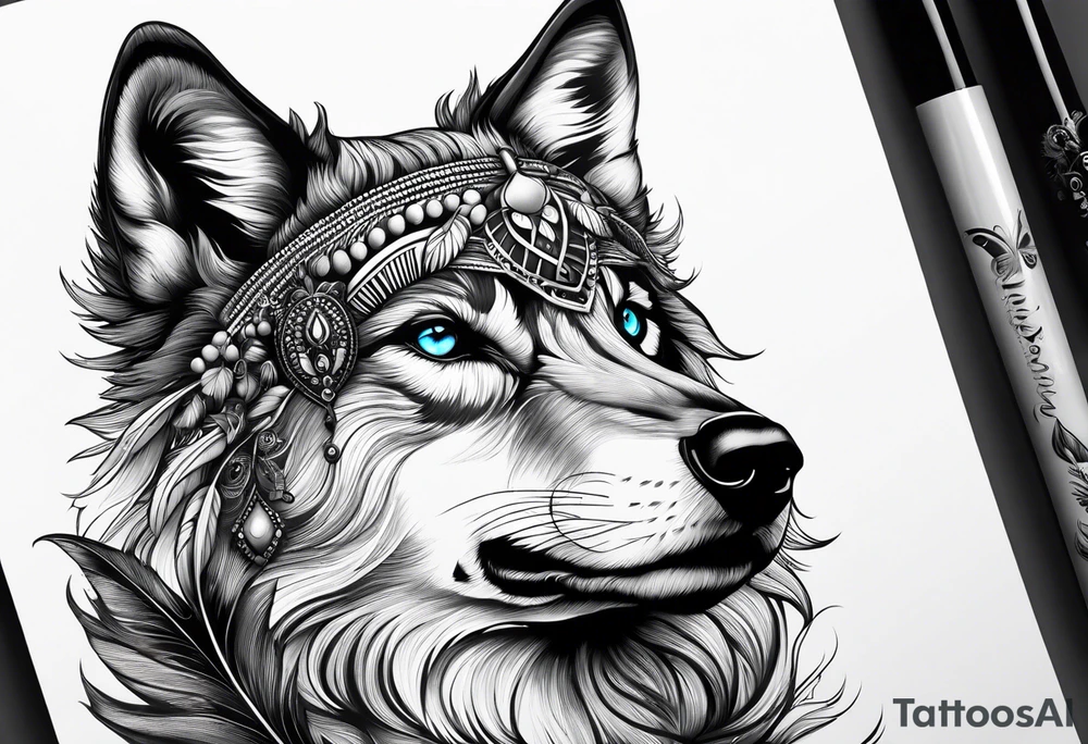 Wolf pup, peacock feather, butterfly, tattoo idea