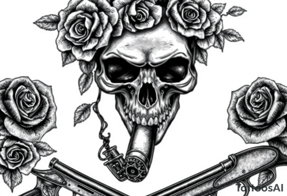 Dark realism skull, wilting roses, smoldering cigar, and antique crossed flintlocks. tattoo idea