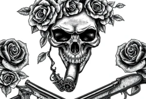 Dark realism skull, wilting roses, smoldering cigar, and antique crossed flintlocks. tattoo idea