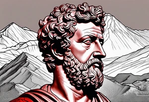 A grey statue of the face of Marcus Aurelius looking toward the observer in a 25 degree angle. The bottom left part of the statue is broken. The Background are mountains in a red hue. tattoo idea