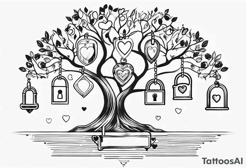 Family tree with lock and hearts with places to put names tattoo idea