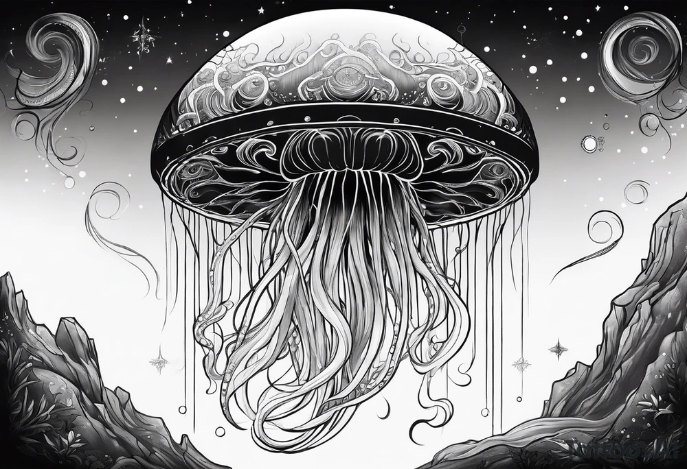 Space jellyfish with long tentacles tattoo idea