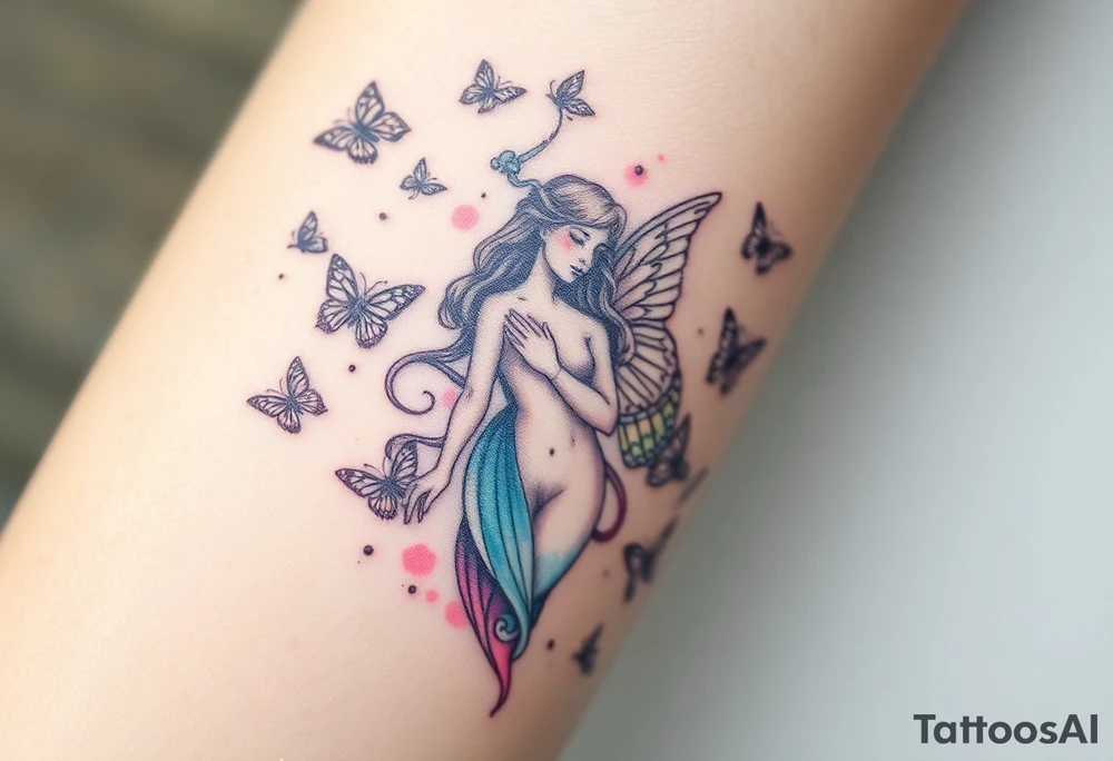 A Virgo maiden surrounded by floating butterflies, in soft pastel colors, representing transformation and grace tattoo idea