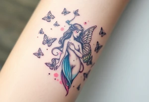A Virgo maiden surrounded by floating butterflies, in soft pastel colors, representing transformation and grace tattoo idea