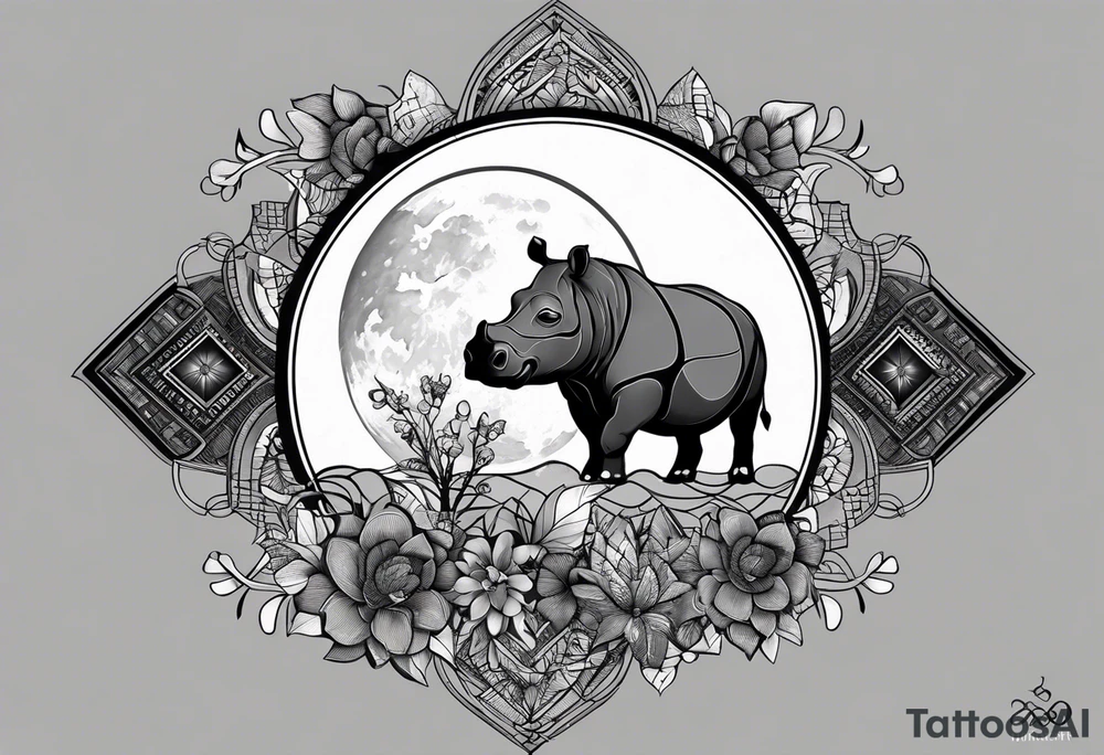 Very asymmetrical, +geometric pattern, with realistic full moon, with hippo,+tribal, +geometric, +inkart , +blackwork, +grey scale, + sketch
with wintersweet flower bud, +for men, detailed layering , modify from my favourites , dont look like a cow tattoo idea
