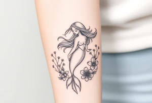 ethereal mermaid with flowing hair among coral and sea flowers tattoo idea