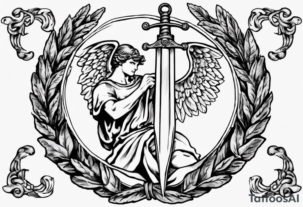 number 13 centered in a laurel leaf wreath and a sword going through the center of the wreath. Male angel 13 tattoo idea