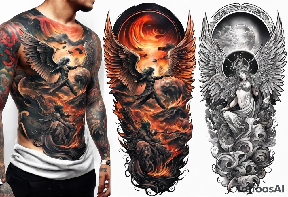 heaven and hell with angels and demons arm sleeve tattoo idea