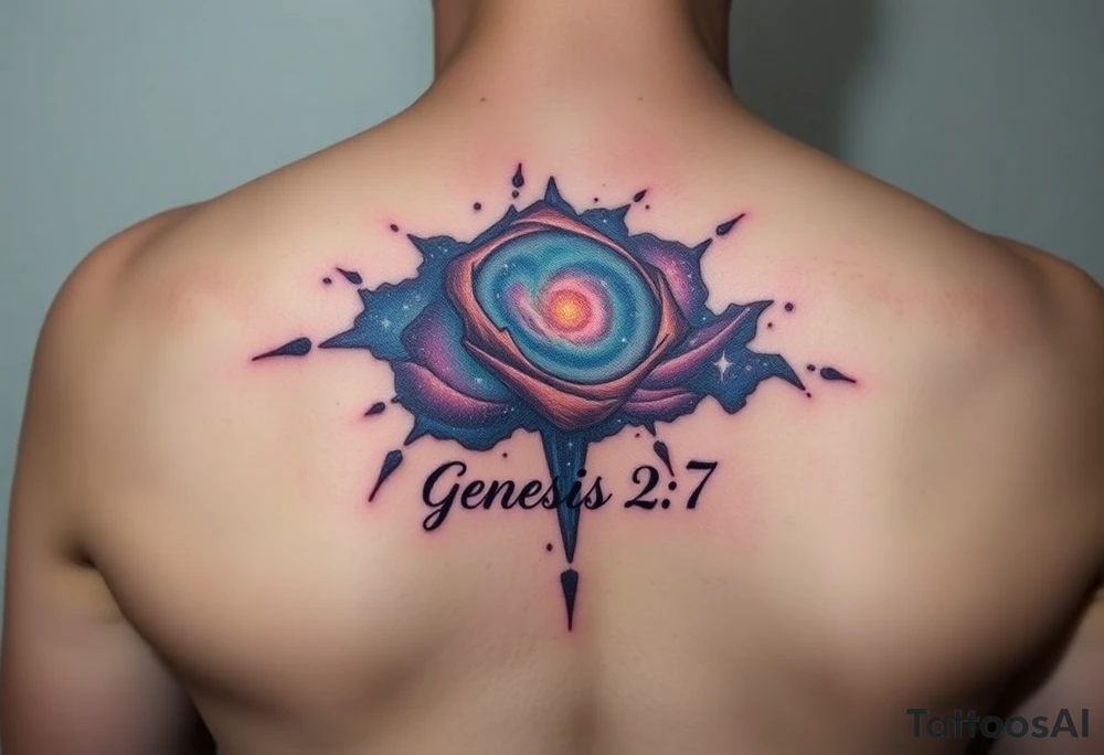 3d galaxy coming out of skin with genesis 2:7 written tattoo idea
