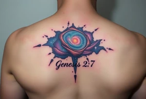 3d galaxy coming out of skin with genesis 2:7 written tattoo idea