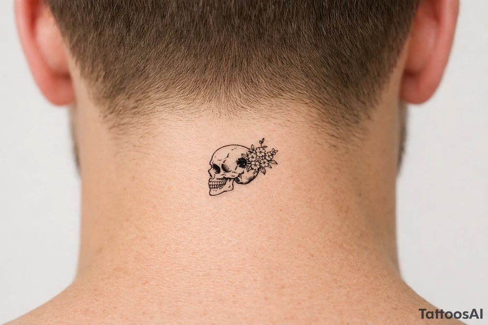 A human skull, side profile, bullet hole with wildflowers spilling from the back. tattoo idea