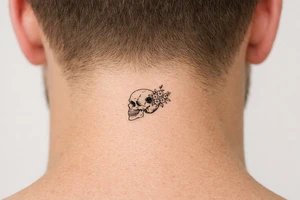 A human skull, side profile, bullet hole with wildflowers spilling from the back. tattoo idea