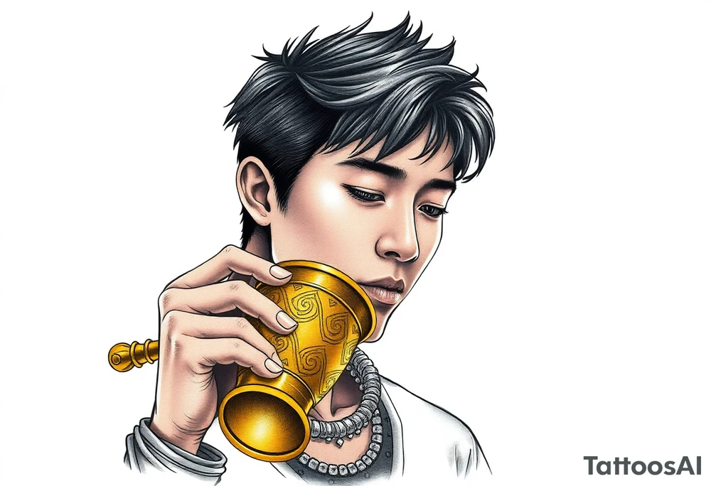 Handsome Asian young guy is drinking from medieval golden cup tattoo idea