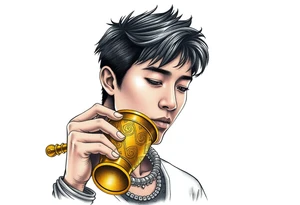 Handsome Asian young guy is drinking from medieval golden cup tattoo idea