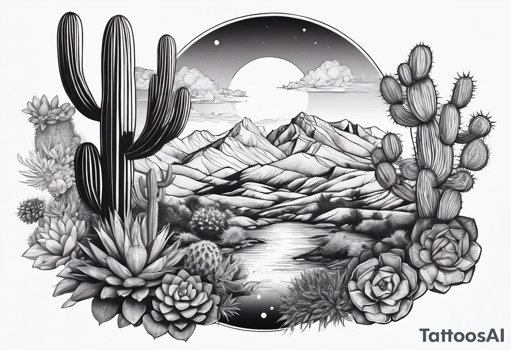 Lobo , cactos e árvore da vida por do sol braço parte de cima tattoo idea Lobo , cactos e árvore da vida por do sol braço parte de cima tattoo idea