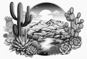 Lobo ,  cactos e árvore da vida por do sol braço parte de cima tattoo idea