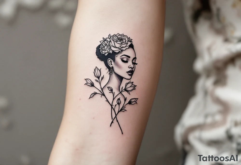 A tattoo with a black woman in it about divinity and roses tattoo idea