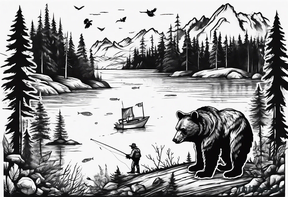 bear, forest, lake, small man on a fishing boat, appalachia tattoo idea