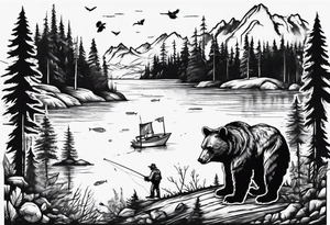 bear, forest, lake, small man on a fishing boat, appalachia tattoo idea
