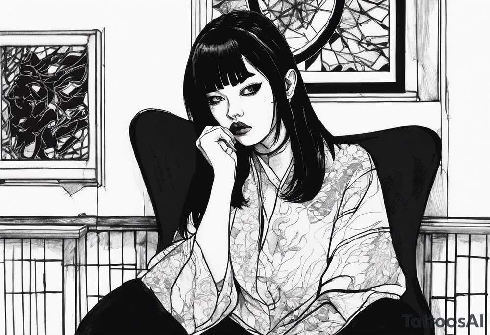 Portrait of tomie sitting on a chair. Tomie is a character of the autor junji ito
 Add some blood marks around tattoo idea