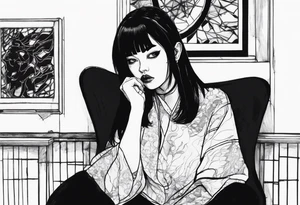 Portrait of tomie sitting on a chair. Tomie is a character of the autor junji ito
 Add some blood marks around tattoo idea