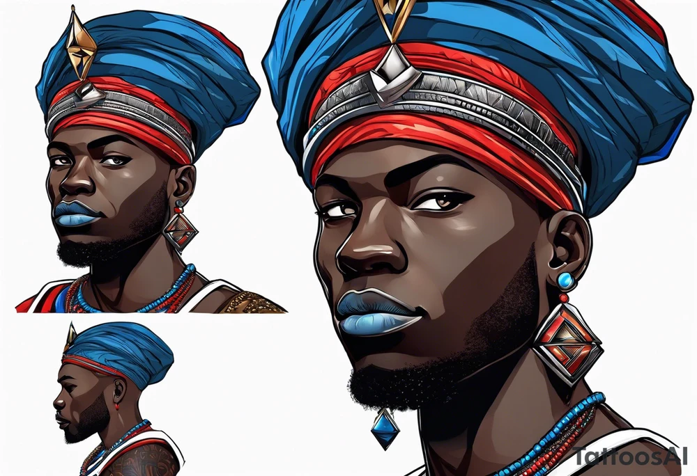 Black-skinned bald african warrior. He wears a simple and small silver crown. He uses blue and red necklaces tattoo idea