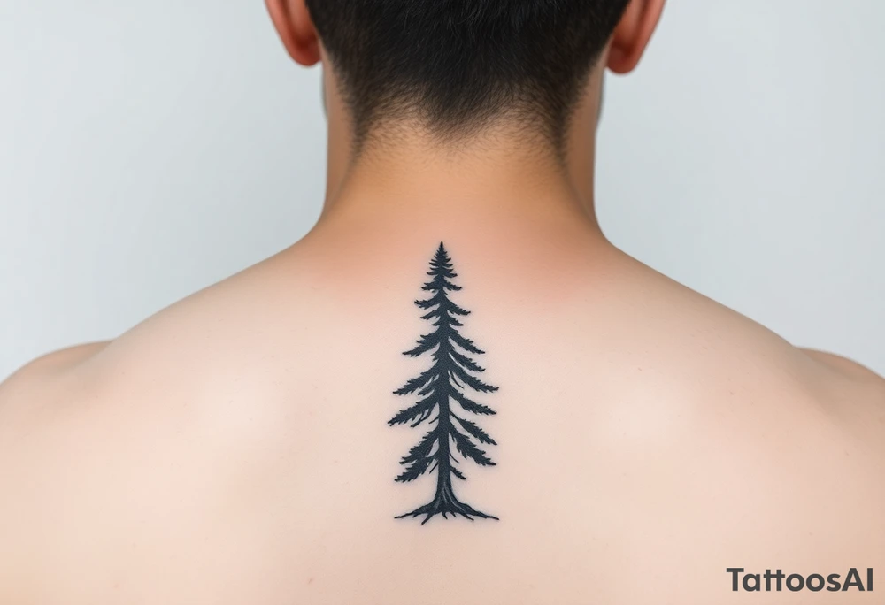 a minimalist tattoo of a douglas fir tree, combined with a band around the left forearm which connects at the bottom of the trunk of the tree tattoo idea