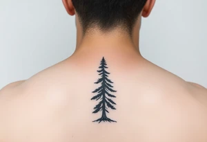 a minimalist tattoo of a douglas fir tree, combined with a band around the left forearm which connects at the bottom of the trunk of the tree tattoo idea
