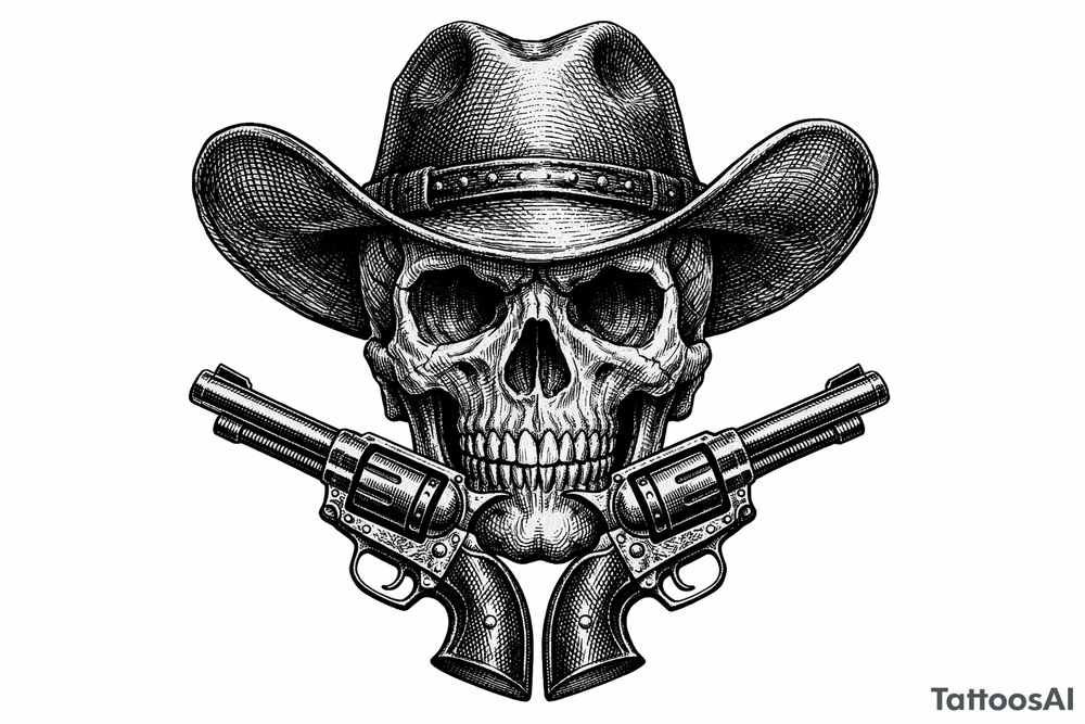 Victorian-era engraved skull, cowboy hat, two revolvers flanking its chin. tattoo idea